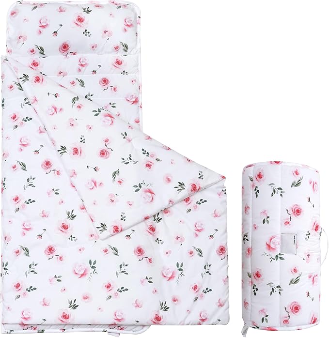 david's kids Toddler Nap Mat Set with Removable Pillow, Ultra Soft Slumber Bags for Girls，Perfect for Preschool, Daycare, Kids Sleeping Bags with Rollup Design, 50"x20", Floral