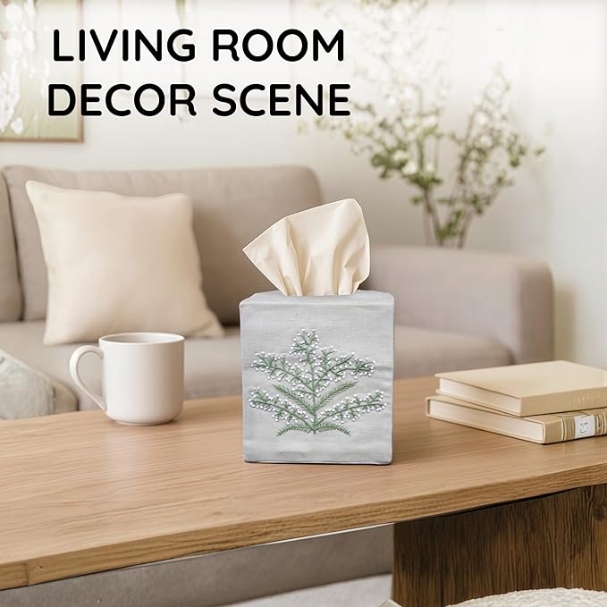 EmbroideryLinen.VN Tissue Box Cover Set of 2, Square Linen Tissue Holder, French Knot Hand Embroidered Floral Design, 4.5x4.5x5.5 Inches, Decorative for Bathroom, Living Room, Office (Grey & Pink)