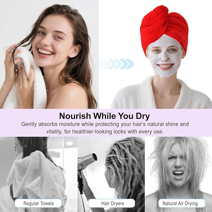 AGKXHDEC1 Pack Double Layer Microfiber Towel, Hair Turbans for Wet Hair, Drying Hair Wrap for Women(Red)