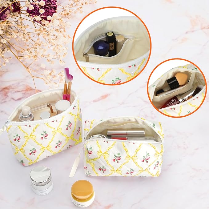 HAOGUAGUA 2 Pieces Makeup Bag, Small Large Quilted Cosmetic Bag, Travel Floral Make Up Toiletry Organizer Bag for Women Girls (2PCS STYLE A-6)