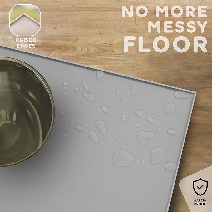 PetHappily Dog Food Mat - Raised Edges Dogs Mat for Food and Water Prevent Spill, Waterproof Cat Food Mats Protect Floors, Easy Clean Dog Bowl Mats for Food and Water, Silicone Pet Feeding Placemats