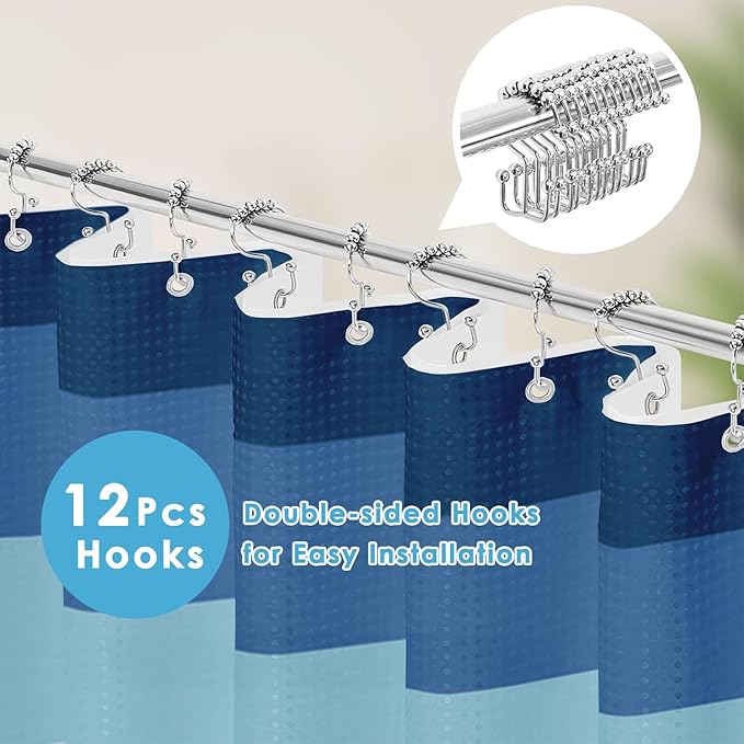 Nesphy Shower Curtain and Liner, Navy and Blue Striped 3 in 1 Shower Curtain and PEVA Liner Set with 12 Rust-Resistant Metal Hooks, Waterproof Fabric Shower Curtains for Bathroom, 72 W x 72 H