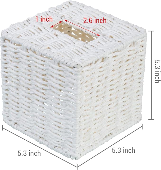 MyGift Decorative White Woven Square Tissue Box Holder with Easy Open Refill Bottom, Bathroom Decor Facial Tissues Cover with Sturdy Paper Rope Material