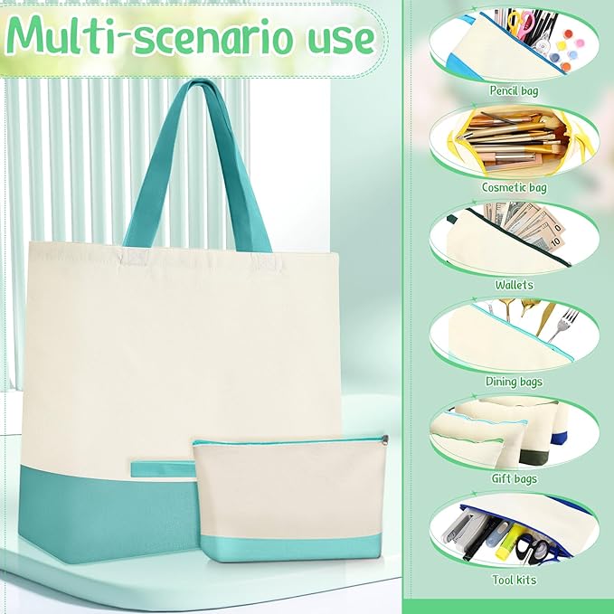 Sanwuta Canvas Tote Bags Bulk with Zipper Cosmetic Pouch 18.5" Reusable Cotton Shopping Bag with Handle for DIY Craft