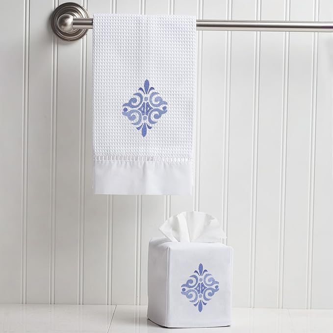 Jacaranda Living Square Tissue Box Cover, Linen/Cotton Fabric Tissue Holder, Decorative Cloth Tissue Cube Cover, Scrolls Design Amalfi Scroll, Blue