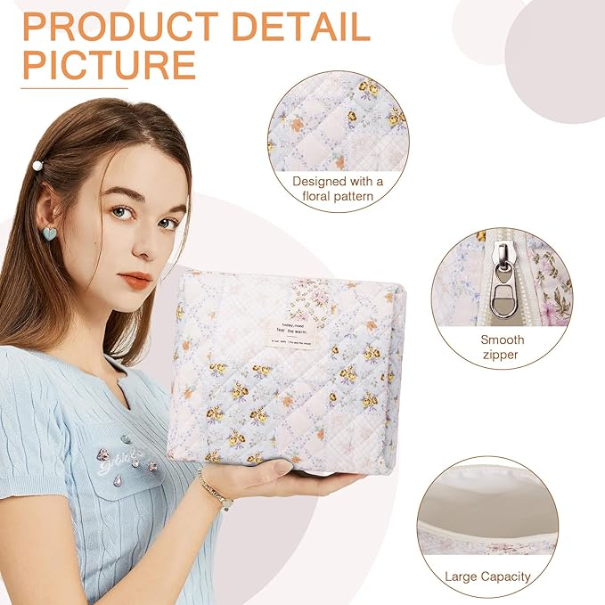 Gosect Floral Makeup Bag, Small Cosmetic Bag for Women Girls, Cute Cotton Makeup Bag, Quilted Makeup Bags, Flower Travel Toiletry Organizer Bag(Folk Style)