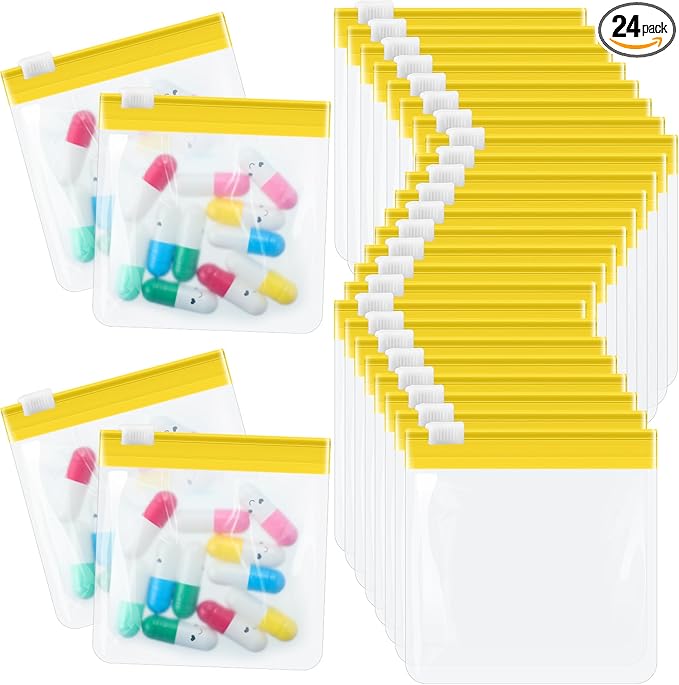 Handepo 24 Pieces Pill Pouch Bags Zippered Set Reusable Translucent Medicine Organizer Sealing Travel Plastic Bags with Slide Lock for Storage(Bright Yellow)