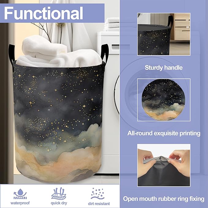 Laundry Basket,Night Sky Stars Clouds Large Canvas Fabric Lightweight Storage Hamper Organizer Dirty Clothes Collapsible Waterproof for College Dorms,Bathroom