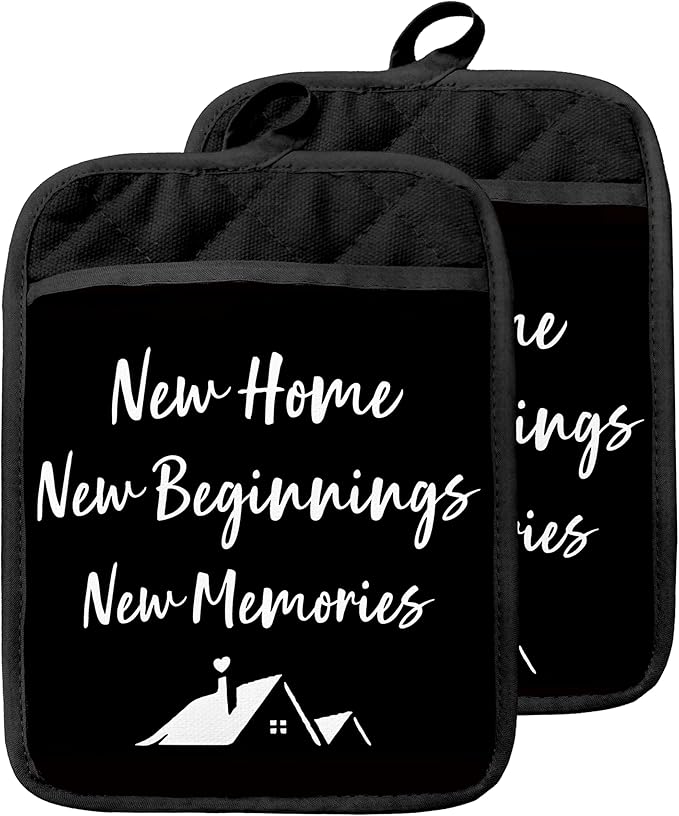 New Home Gifts Pot Holders with Pockets, Housewarming Gifts for Women Men, New Home Beginnings Memories Oven Pot Holders Heat Resistant Oven Mitts Hot Pads for Kitchen Baking Cooking