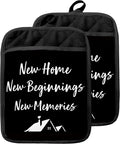 New Home Gifts Pot Holders with Pockets, Housewarming Gifts for Women Men, New Home Beginnings Memories Oven Pot Holders Heat Resistant Oven Mitts Hot Pads for Kitchen Baking Cooking