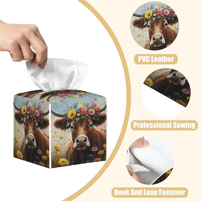 BLYKVGHQ Leather Tissue Box Holder Cow with Flowers Tissue Box Cover Facial Paper Case Organizer Cube Napkin Dispenser for Bathroom Vanity Countertop Night Stand Office Car