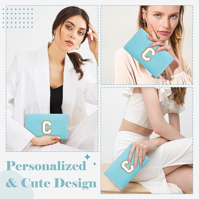 Small Personalized Initial A-Z Preppy Patch Makeup Bag,PU Chenille Letter Travel Cosmetic Pouch with Zipper,Blue Cute Toiletry Bag,Gift Ideal for Teen Girls Women Teacher Bridesmaid,Letter C