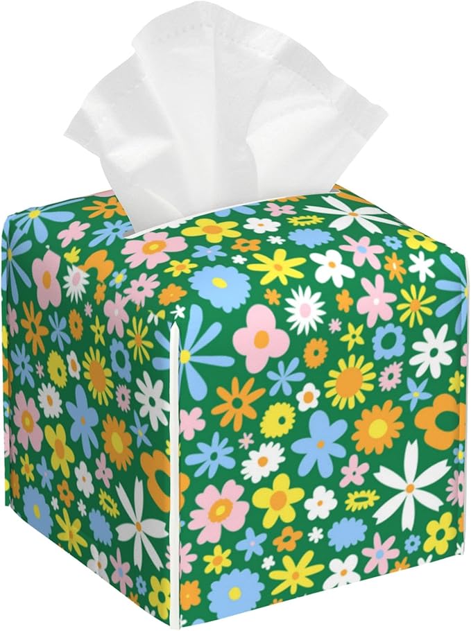 POIUBLE Colorful Hippie Flowers Tissue Box Cover Leather Tissue Box Holder Square Facial Paper Organizer Dispenser for Bathroom Kitchen Bedroom Vanity Countertop Night Stands