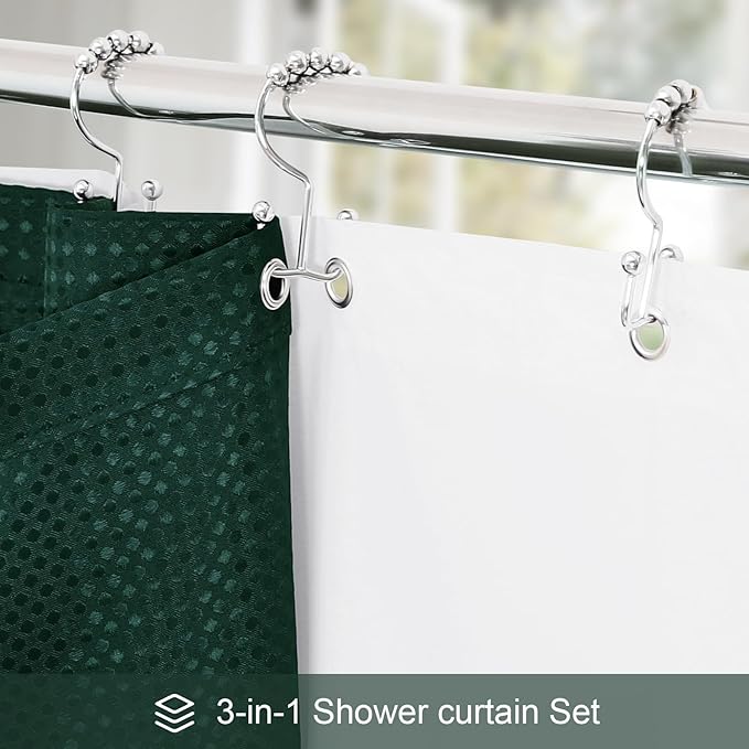 Craidlela 3 in 1 Extra Long Dark Green Shower Curtain Set-72 W x 84 H, Modern Waffle and PEVA Liner Set with 12 Stainless Steel Hooks, Waterproof Fabric for Bathroom