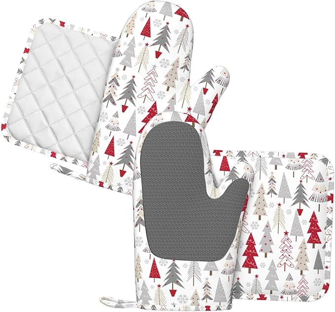 Oven Mitts Pot Holders Set Christmas Pine Tree White Winter Silicone Kitchen Gloves Potholders Heat Resistant for Chef Baking Cooking Grilling BBQ 4 Pack Mitt