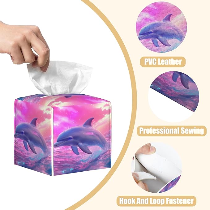BLYKVGHQ Square Tissue Box Cover Dolphin Jumping Out of The Water Tissue Box Holder Facial Cube Paper Dispenser Leather Decorative Organizer Home Office Desk Decor, 5.2"x5.2"x5.2"