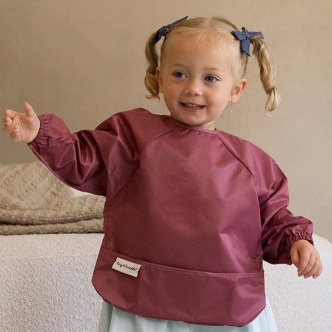 Tiny Twinkle Long Sleeve Bib for Babies & Toddlers | 2-Pack Waterproof Smock Bib for Eating | Machine Washable & Mess-Proof Feeding Essentials | Newborn Shower Gift (Rose Burgundy,6–24M)