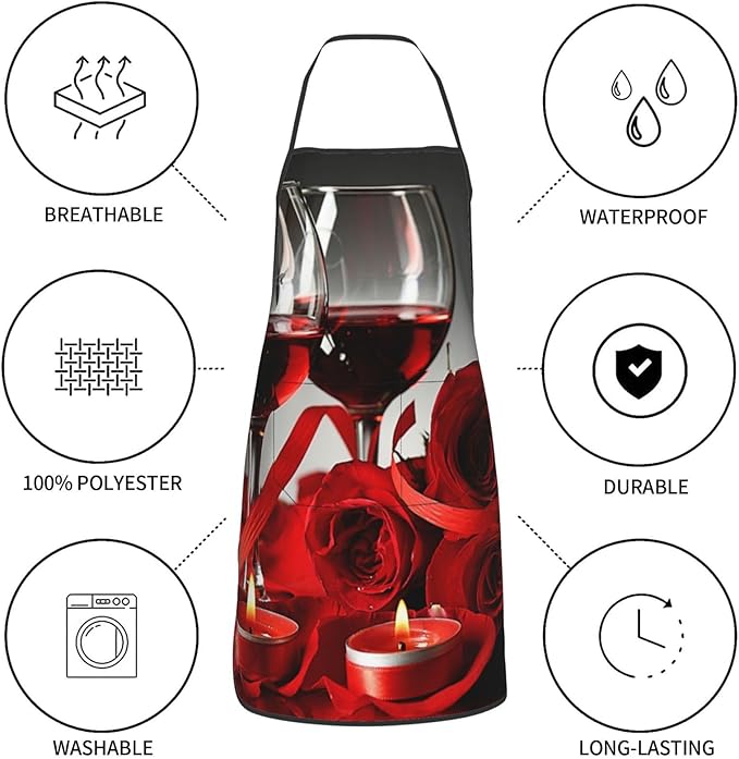 Rose Oven Mitts and Pot Holders with Apron Set of 5 Silicone Red Rose Wine Glass and Candle Kitchen Mitts and Non-Slip Potholders Apron Set Heat Resistant Oven Gloves Hot Pads for Cooking