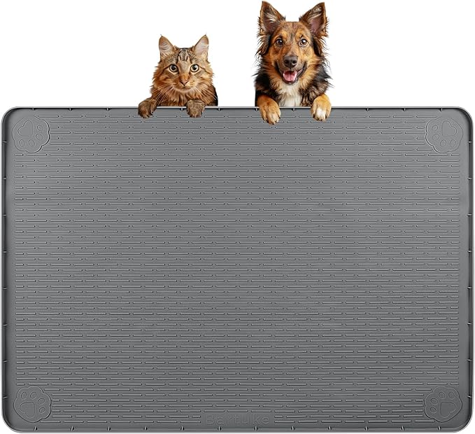 Bartuke Dog Food Mat, Extra Large 34" x 22" Silicone Pet Feeding Mat with Raised Edge Pet Placemat for Small, Medium, and Large Pets Non-Slip, Easy to Clean (Dark Grey)