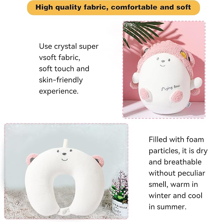 stocaggio Kids Travel Pillow - 2-in-1 Deformable Kids Neck Pillow for Traveling, Soft U-Shaped Pillow with Adorable Animal Design, Comfy Sleep and Play, Ideal for Airplanes and Cars - Pink Bear