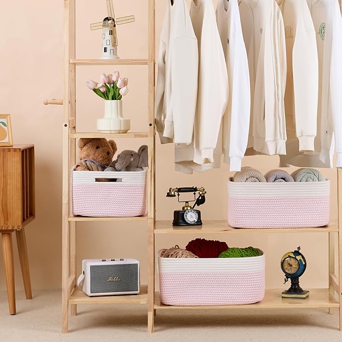 MiniArk Large Storage Baskets for Organizing, Closet Shelf Baskets for Clothes Blanket Towels, Baby Nursery, Toy Bins Box, Woven Rope Baskets, 17 x 13 x 7.5”, 4 Packs Woven Pink