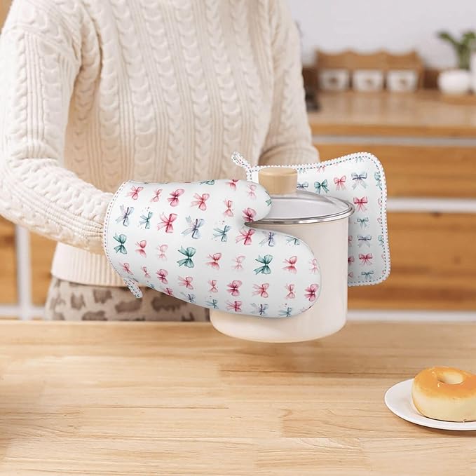 Oven Mitts Pot Holders Set Watercolor Pastel Bow Pattern Silicone Kitchen Gloves Potholders Heat Resistant for Chef Baking Cooking Grilling BBQ 4 Pack Mitt