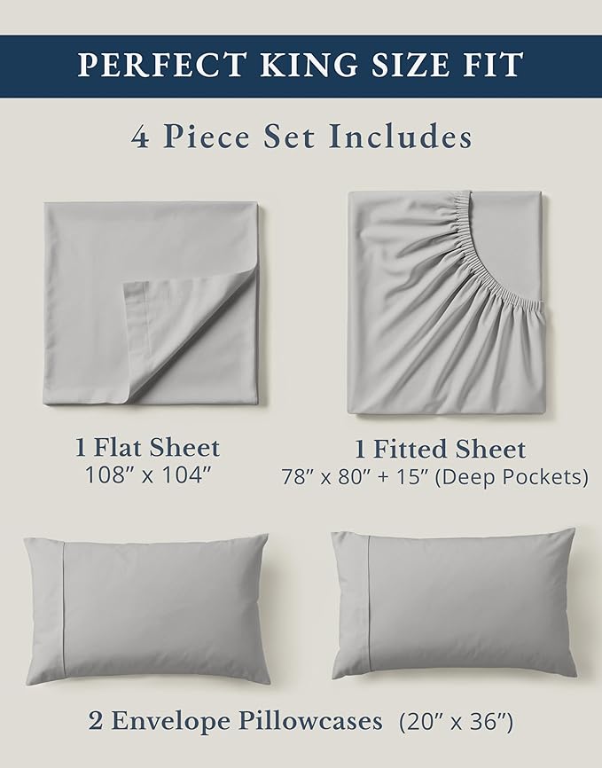 LANE LINEN 100% Organic Cotton King Sheet Set, 4Pc Cotton Sheets King Size, Soft & Comfy Percale Eco Friendly Sustainably Produced Bedding Sheets & Pillowcases, 15" Deep Pocket King Sheet Set - Silver