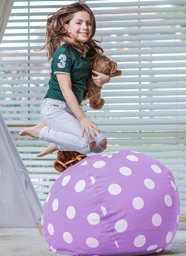 WEKAPO Stuffed Animal Storage Bean Bag Chair Cover for Kids | Stuffable Zipper Beanbag for Organizing Children Plush Toys Large Premium Cotton Canvas (Purple Dot, X-Large)