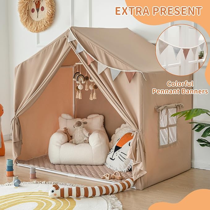 Kids Indoor Play Tent with Mat, Play Tent for Kids Ages 3-8, Large Playhouse Toddler Tent Indoor, Castle Tent for Girls Boys, Play Cottage, Toy House Birthday Gift