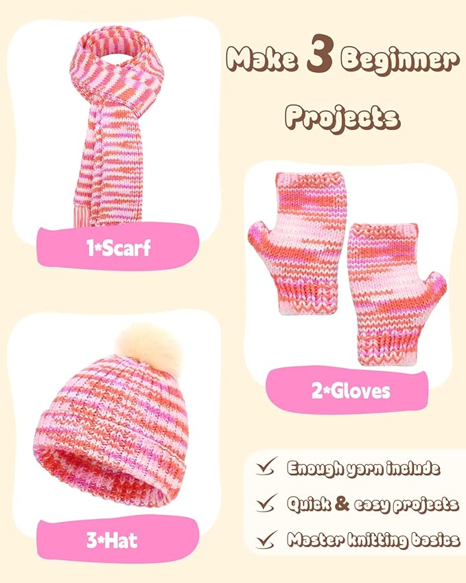 Katech Beginner Knitting Kit for Adults - Learn to Knit with Step-by-Step Instructions - Complete Hat, Scarf, Gloves Starter Kit（Colorful）