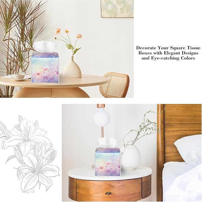 Watercolor Colored Pastel Boho Floral Tissue Box Cover Square Leather Tissue Holder Waterproof Facial Paper Organizer Dispenser Cube Paper Cover Case for Home Office Bathroom Vanity Countertop