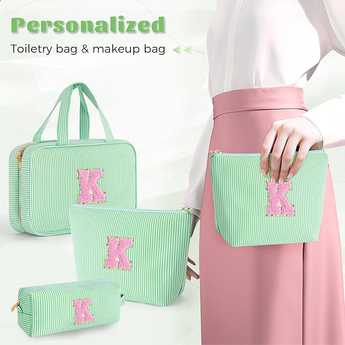 Fystdtote Teen Girl Gifts Trendy Stuff | Cute Toiletry Makeup Bag for Girls - Cosmetic Bags for Women | Initial Make Up Bag | Personalized Gifts for Women Friends | Skin Care Bag - Green K