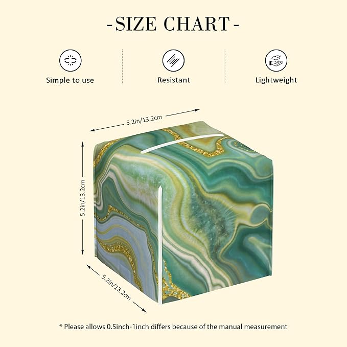 POIUBLE Leather Tissue Box Holder Green and Gold Abstract Marble Tissue Box Cover Square Waterproof Tissue Holder Organizer Modern Napkin Holder for Bedroom Dresser Night Stand Office Desk