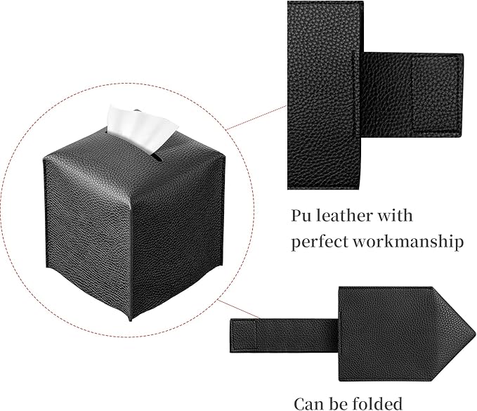 REGELETO Square Tissue Box Cover, Pu Leather Tissue Box Holder with Bottom Belt Modern Stylish Tissue Box Organizer for Bathroom, Bedroom, Hotel, Office Desk 5"X5"X5" (Black)