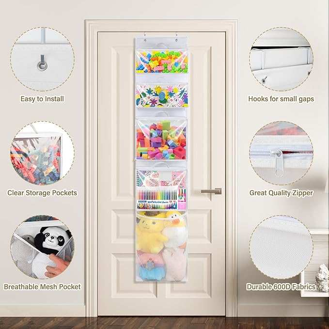 Over Door Organizer and Storage, Hanging Toy Holder with 4 Clear Removable Pouches, Toddler Room Wall Stuffed Animal Bag Case, Kids Playroom Closet Organization for Building Block, Puzzle