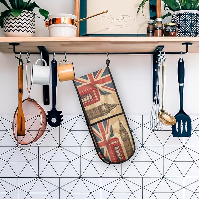 Long Double Oven Mitt for Baking London Red Telephone Booth Big Ben Union Jack Heat Resistant Quilted Double Oven Glove Potholder for Cooking Grilling Christmas, Washable