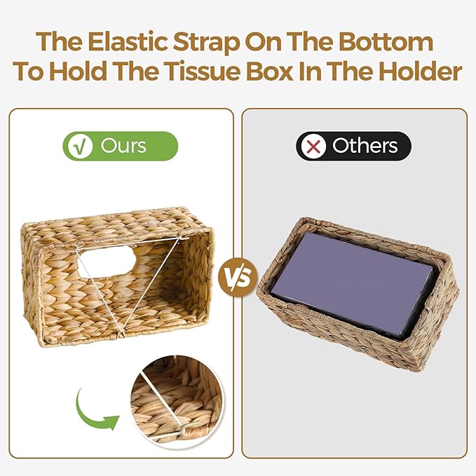 KALEKAIL Rectangular Tissue Box Cover Compatible with 100-180 Sheets of Kleenex Water Hyacinth Rectangle Tissue Box Rattan Tissue Box Holder Rectangular, Hand Woven Wicker Tissue Holder