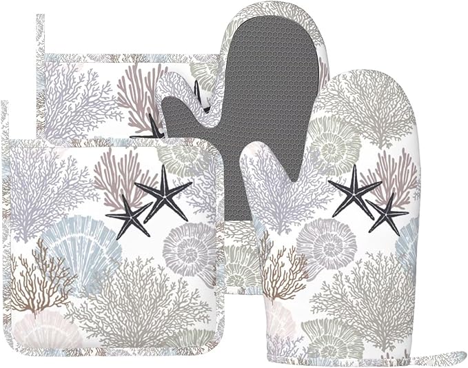 Nautical Coastal Oven Mitts and Pot Holders Set, 4pcs Silicone Starfish Seashell Coral Beach Themed Oven Glove for Kitchen Heat Resistant Oven Mitts and Non-Slip Potholders Purple Grey