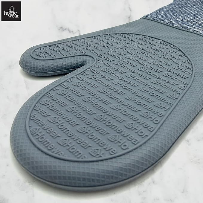 Homewear Marlow Silicone Extra Long Oven Mitt 2 Piece Set, Heat and Slip Resistant, Recycled Cotton with Soft Lining, Thick Kitchen Gloves for Cooking, Slate