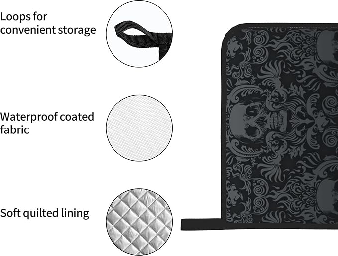 Victorian Gothic Black Skull Damask Oven Mitts and Pot Holders Sets of 4,Resistant Hot Pads with Polyester Non-Slip BBQ Gloves for Kitchen,Cooking,Baking,Grilling