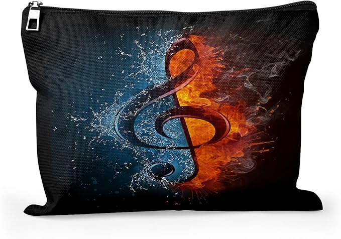 Cafl Fire Water Musical Clef Makeup Bag Travel Large Musical Note Cosmetic Bag Organizer toiletry Essentials Jewelry Zipper Bag Gift For Women -10×8 inch