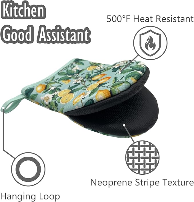 Lemon Yellow Floral Teal Mini Silicone Oven Mitts, Heat Slip Resistant Kitchen Gloves 2-Pack Set, Soft Short Small Oven Mittens Pot Holders for Baking Grilling Barbecue Microwave Gift