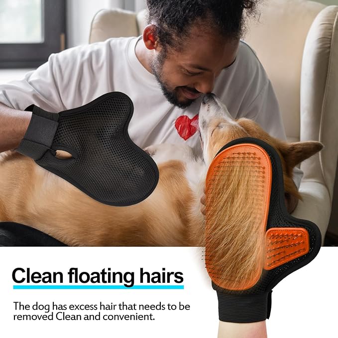 Beenefits 2025 Pet Grooming Glove with Tipped Pin Brush,Special Design Deshedding Glove, Perfect Petting Tool for Sensitive Dogs & Cats with Long & Medium Fur, Massage Mitt - Right-Hand - Orange