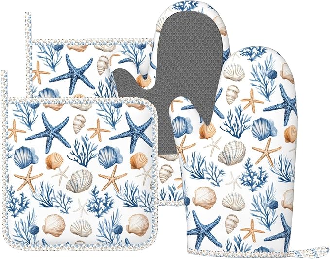 Oven Mitts Pot Holders Set Blue Seashell Starfish Childish Silicone Kitchen Gloves Potholders Heat Resistant for Chef Baking Cooking Grilling BBQ 4 Pack Mitt