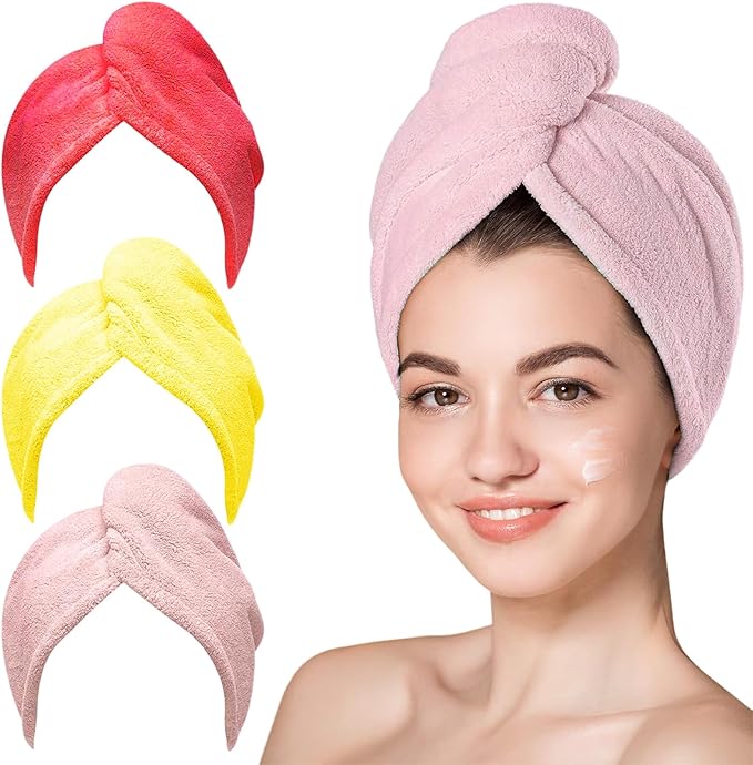 YHPDYL Hair Drying Towel 3 Pack - Ultra Soft Microfiber Turban Twist Hair Wrap for Women - Super Absorbent, Quick Dry Hair Towel Cap for Wet Hair (3 Colors, Yellow Pink & Red)