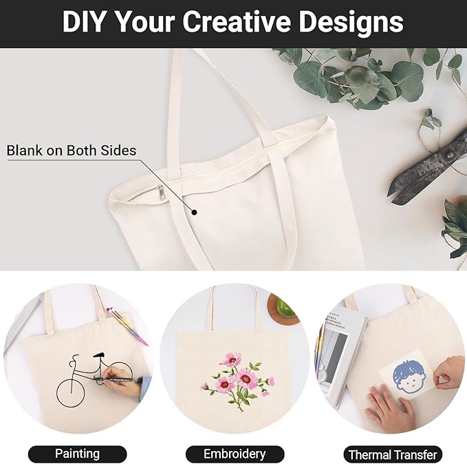Segarty Canvas Bag with Zipper, 12 Pack 18x15 Blank Canvas Tote Bags for Women, Reusable Bags Aesthetic with Natural Cotton Cloth, Shoulder Strap, Bulk for DIY, Grocery, Beach, Travel，Gift