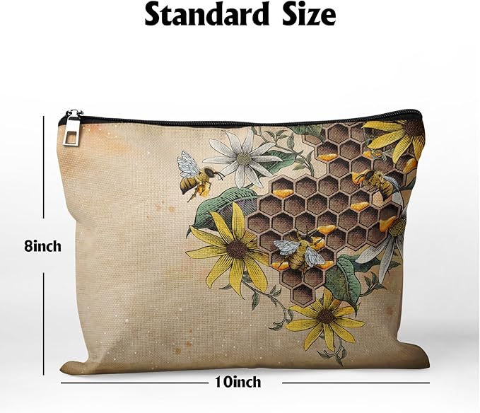 Cafl Retro Bee Makeup Bag Travel Large Honey Hive Cosmetic Bag Organizer toiletry Essentials Jewelry Zipper Bag Gift For Women -10×8 inch