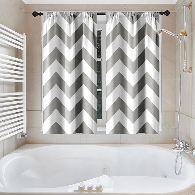 Culudea Chevron Striped Modern Gray White Shower Curtain Set, Wave Zig Zag Minimalist Herringbone Farmhouse Bathroom Window Waffle Cloth Waterproof Shower Curtains for Bathroom Decor