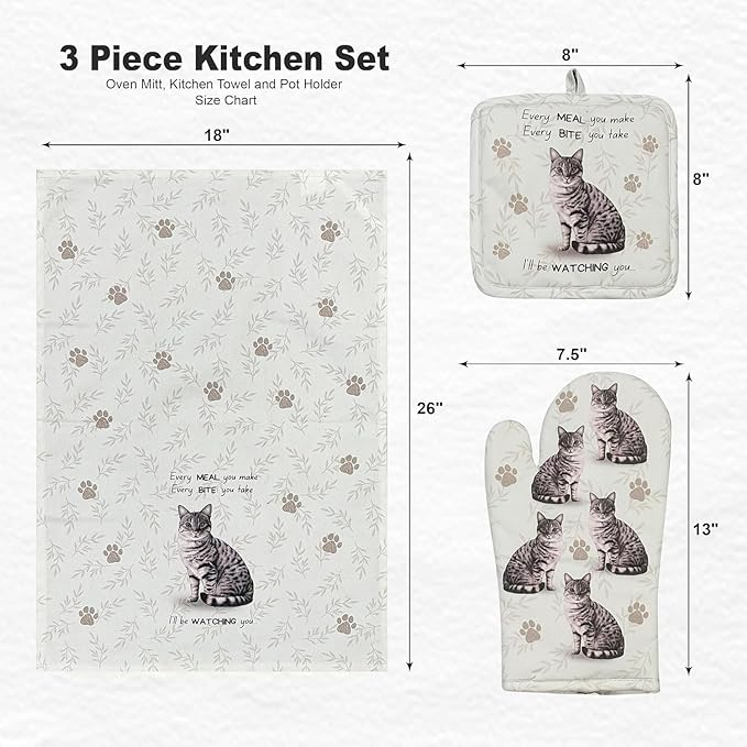 Silver Tabby cat 3-Piece Kitchen Set - Oven Mitt, Pot Holder & Kitchen Towel Set, Heat Resistant up to 420 F, Soft Quilted Cotton for Cooking, Baking, BBQ, Pet Lover Gifts (Tabby Silver Cat)