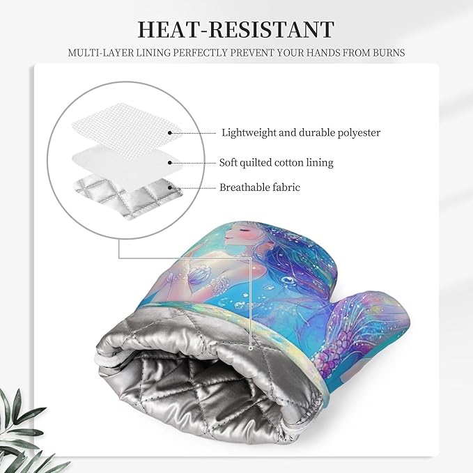 Oven Mitts Pot Holders Set Mermaid Childish Blue Sea Silicone Kitchen Gloves Potholders Heat Resistant for Chef Baking Cooking Grilling BBQ 4 Pack Mitt